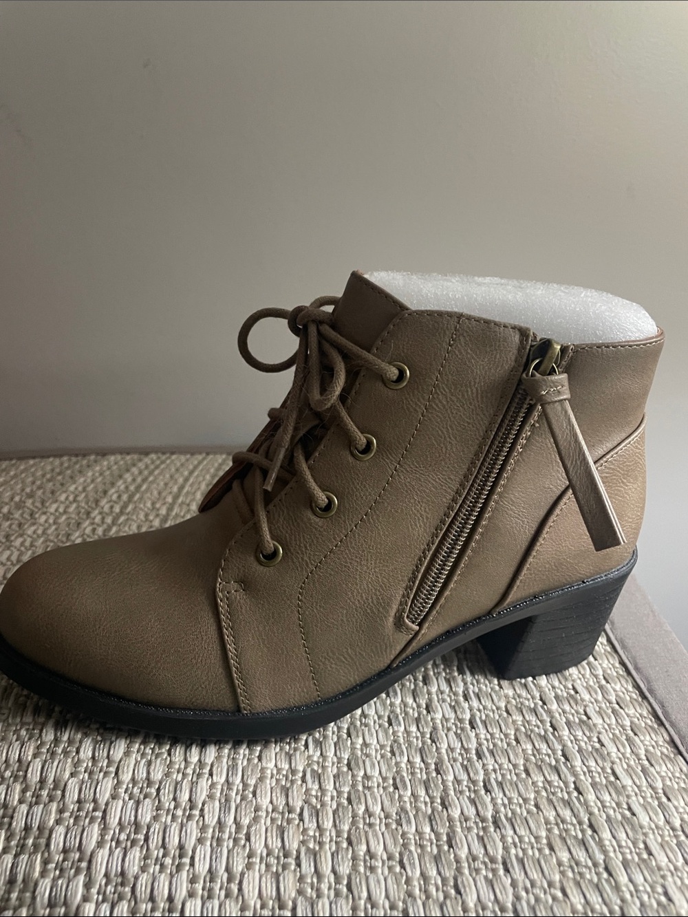 easy street Taupe Lace-Up Ankle Bootie with Side Zip